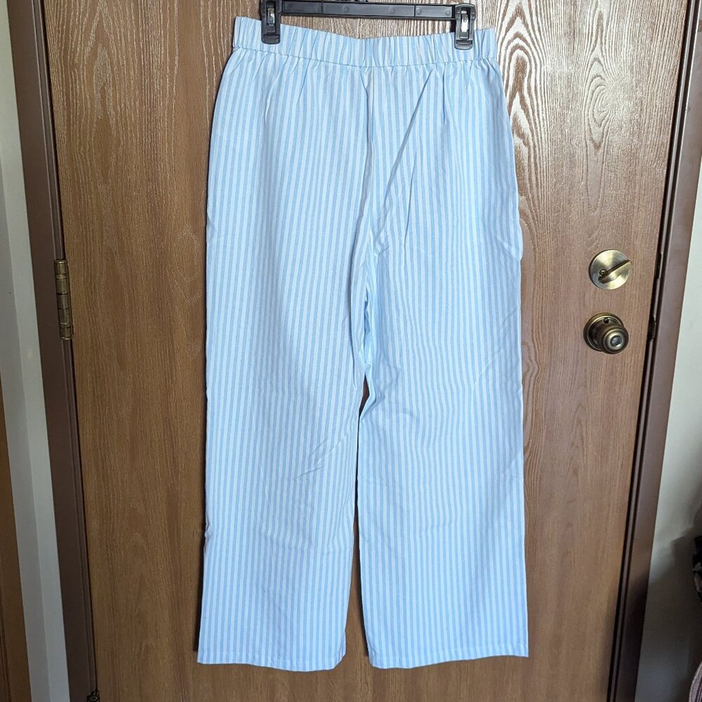 Cider Pinstripe Casual Wide Leg Blue & White Pants, L - Picture 2 of 4